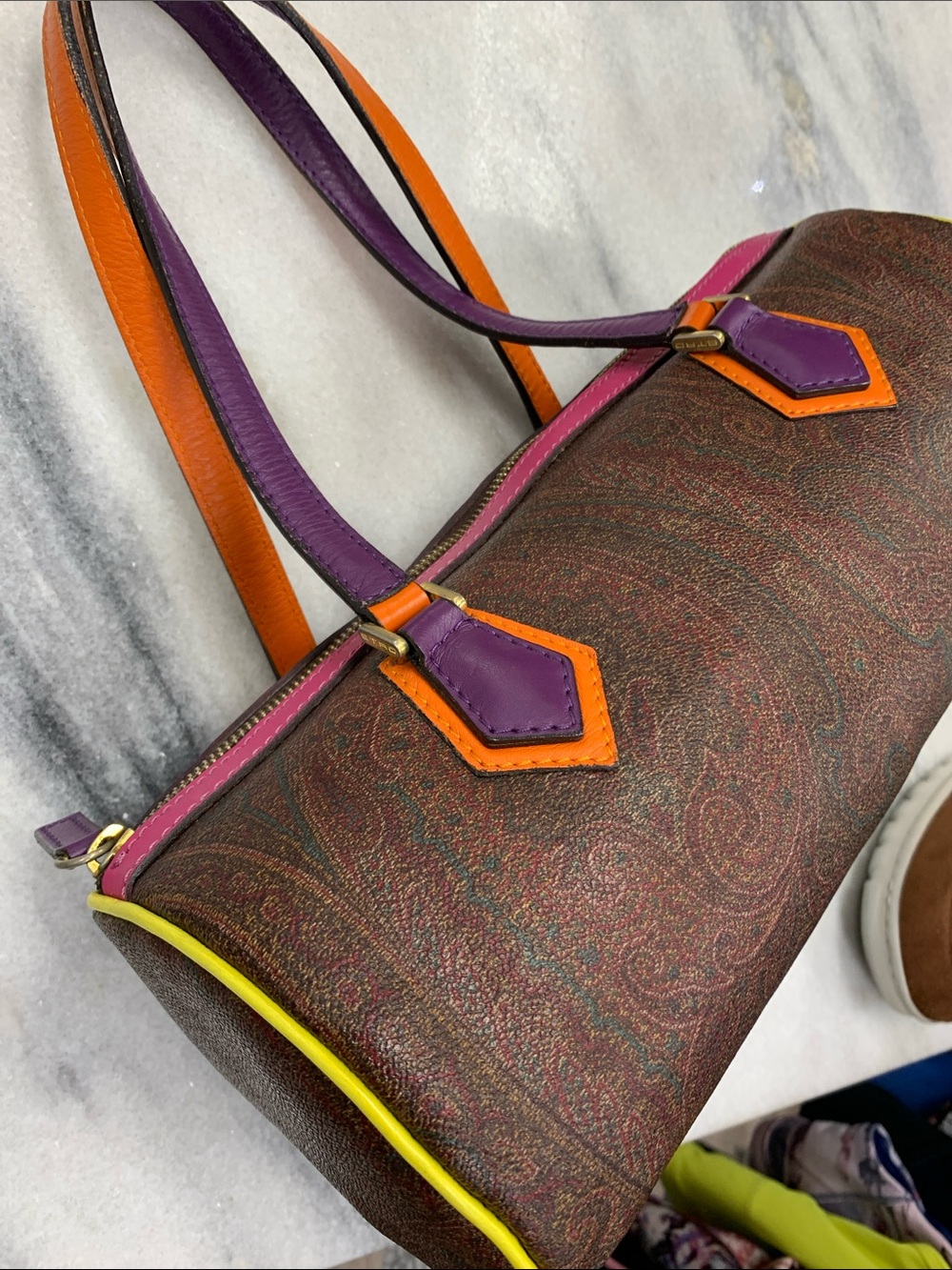 Multicolor Paisley Mini Cylinder Bag with Purple, Pink & Orange Accents - Picture 6 of 6